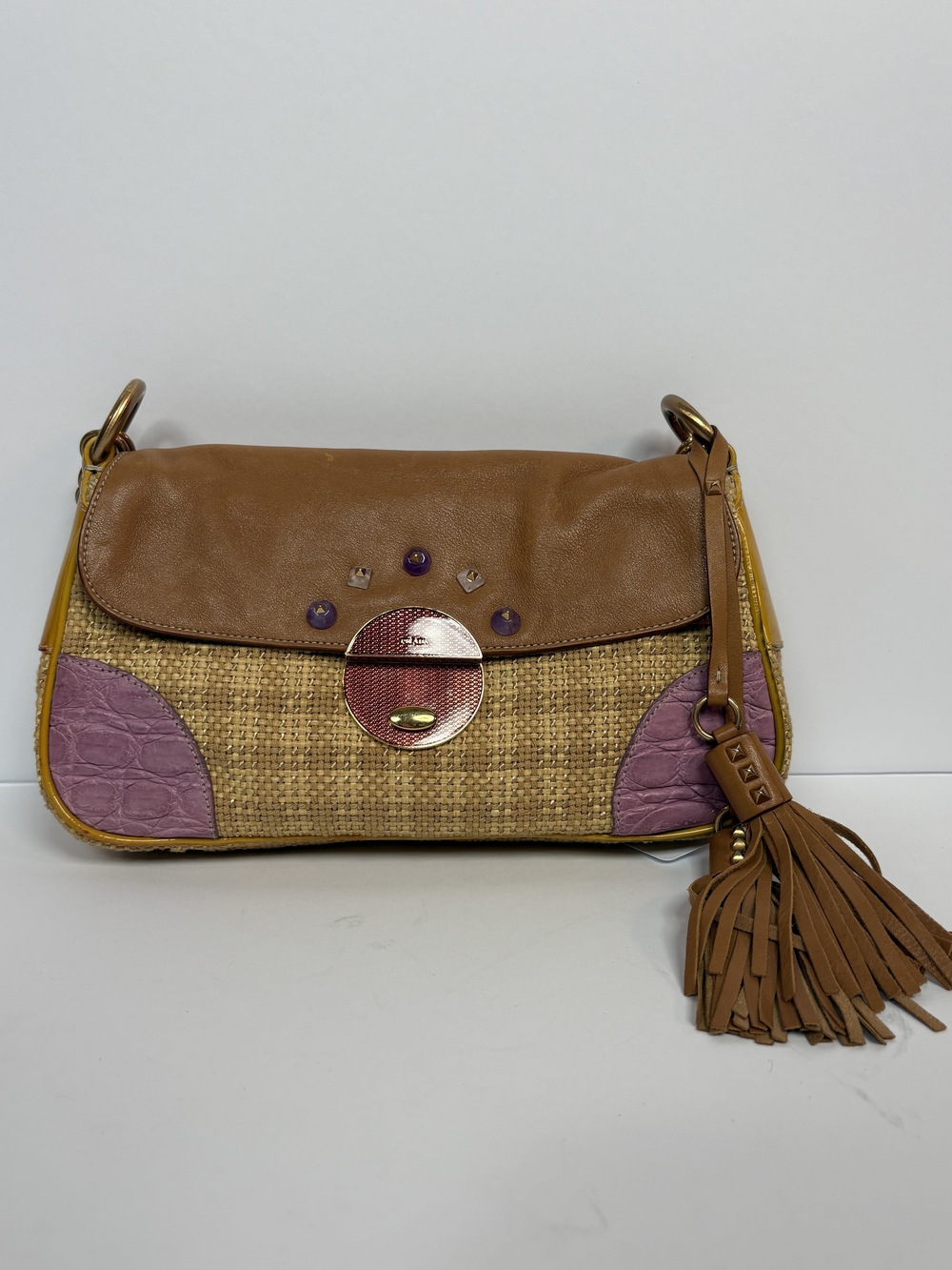 PF-1394 Prada Rattan and Purple Leather Shoulder Bag